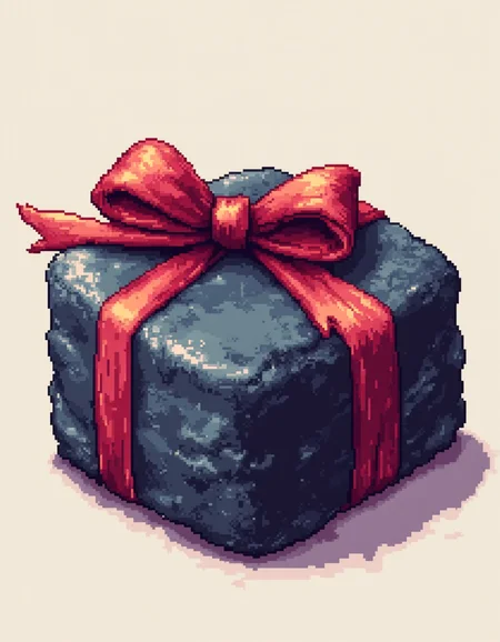 A pixel art illustration of a lump of coal wrapped in a bow<lora:General Flux\pixel-art-christmas.safetensors:0.9:1.0>