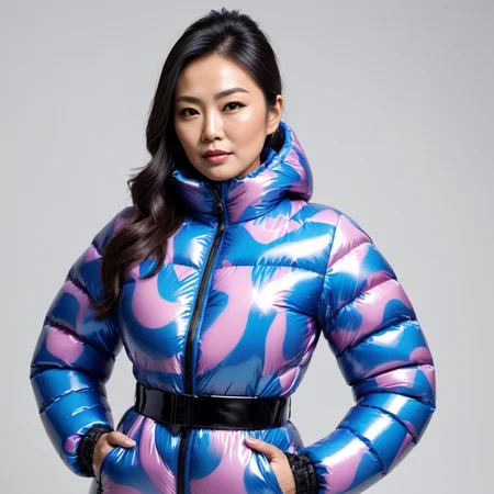 one asian middle aged women wearing aAbstract prints latex downsuit puffer_downsuit , hyperdetailed photography,4k textures,intricate details,4k resolution, <lora:puffer_downsuit_v1:0.4>
