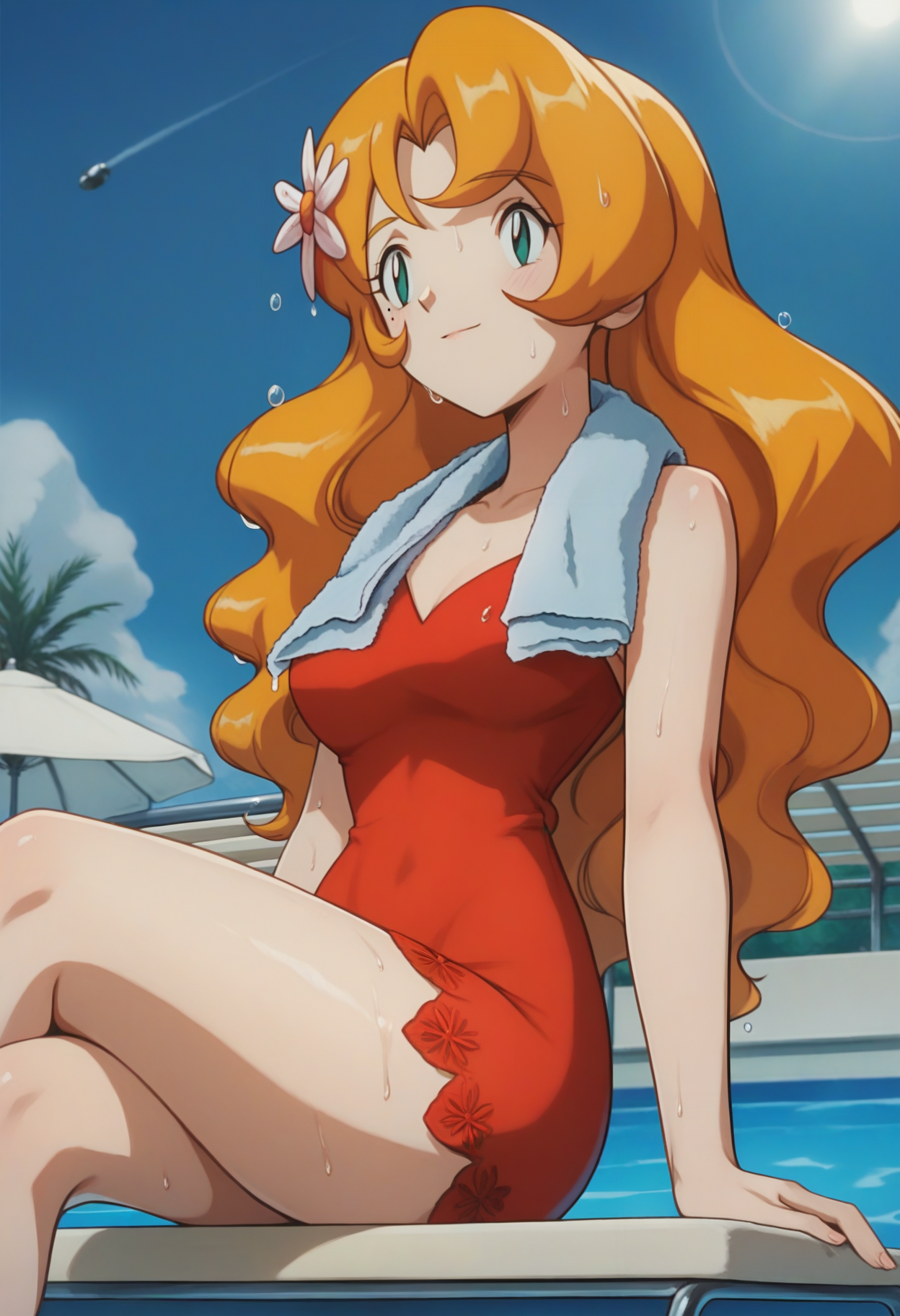 score_9, score_8_up, score_7_up, score_6_up, <lora:PMDaisy:0.9>, PMDaisy, green eyes, mole under eye, bangs, long hair, orange hair, wavy hair, hair ornament, hair flower,
red dress, short dress, 
towel around neck, sweat, wet, sitting, lounge chair, looking away, facing viewer, smile, 
BREAK blue sky, pool, sunlight, day,