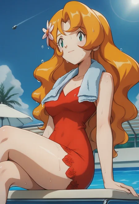 score_9, score_8_up, score_7_up, score_6_up, <lora:PMDaisy:0.9>, PMDaisy, green eyes, mole under eye, bangs, long hair, orange hair, wavy hair, hair ornament, hair flower,
red dress, short dress, 
towel around neck, sweat, wet, sitting, lounge chair, looking away, facing viewer, smile, 
BREAK blue sky, pool, sunlight, day,