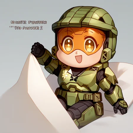 score_9, score_8_up, score_7_up, source_anime, Seggs, chibi, open mouth, smile, english text, <lora:Seggs_XLPD:1.1>, <lora:masterchief-halo-richy-v1_pdxl:1> masterchief, helmet, visor, power armor