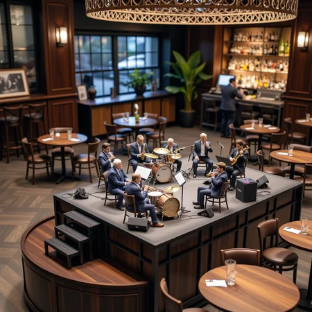 A miniature diorama of a big band performing on a stage placed on the counter of a stylish bar. A total of 17 members, dressed in matching suits, sit on a stepped stage. 4 trumpets, 4 trombones, 5 saxophones, piano, bass, drums and guitar. A supreme artistic moment where everyone is immersed in the joy of sound. A magical evening, a conductor, <lora:Flux.1_Turbo_Detailer:0.7>, <lora:Diorama_Flux:0.9>