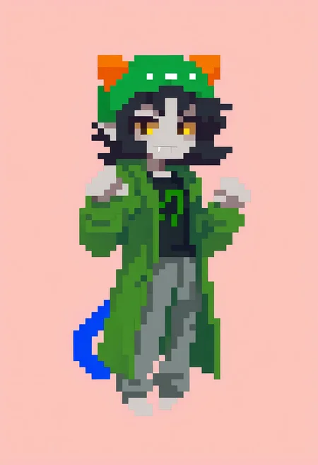 , score_9, score_8_up, score_7_up, masterpiece,  , line art, portrait,  anime,, detailed,  <lora:Expressive_H:0.45> Expressiveh, shirosu00, chibi,  solo, ,  , paw pose, looking at viewer,  1girl,  , gray skin, yellow sclera, nepeta, black hair, wavy hair, horns,  pointy ears,  petite, slim, thin, , , medium hair, short hair,  , black t-shirt , black shirt, open jacket, green jacket, sleeves past wrists, gray sweatpants, fangs, cat tail, cat hat, leo \(symbol\),  ,  <lora:Nepeta:0.8>, gray simple background,