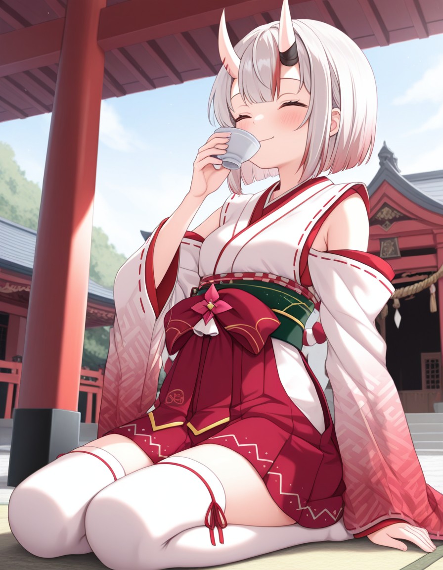 masterpiece, best quality, amazing quality, masterpiece, High quality, Ultra detailed, 2d, newest, absurdres, highres, temple, torii gate, 1girl, solo, nakiri ayame, oni, oni horns, white hair, red hair, streaked hair, gradient hair, red eyes, ayamemiko, short hair, bob cut, hakama, red hakama, red kimono, white kimono, two-tone kimono, detached sleeves, wide sleeves, white thighhighs, sitting, seiza, sake cup, drinking,  happy, smile, closed eyes, blush,, <lora:49c4f3dd-7c2e-48a0-ab22-f854a581948b:1.0>