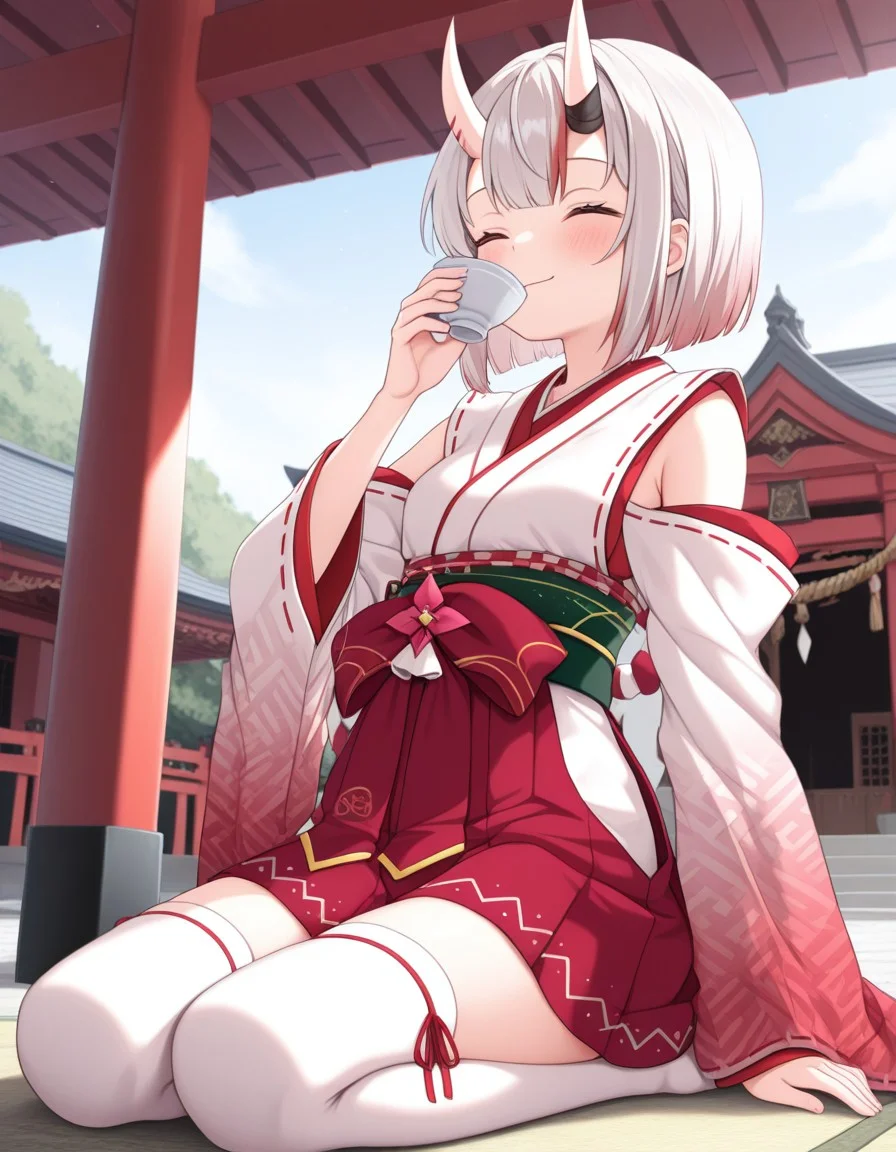 masterpiece, best quality, amazing quality, masterpiece, High quality, Ultra detailed, 2d, newest, absurdres, highres, temple, torii gate, 1girl, solo, nakiri ayame, oni, oni horns, white hair, red hair, streaked hair, gradient hair, red eyes, ayamemiko, short hair, bob cut, hakama, red hakama, red kimono, white kimono, two-tone kimono, detached sleeves, wide sleeves, white thighhighs, sitting, seiza, sake cup, drinking, happy, smile, closed eyes, blush,, <lora:49c4f3dd-7c2e-48a0-ab22-f854a581948b:1.0>