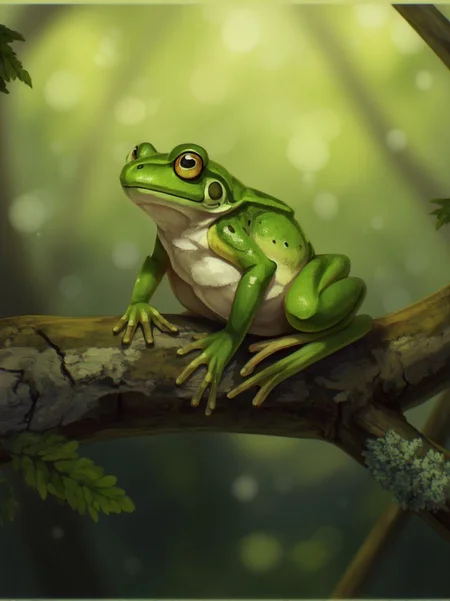 <lora:ck-LttleGhost-000011.safetensors:1> in the style of ck-lttlegh0stA vibrant green frog sits poised on a weathered branch, its intricate patterns and earthy hues amplified by a soft bokeh background. The artist masterfully renders realistic textures and delicate features on the frog's skin, while subtle lighting casts a serene glow. A muted lichen growth clings to the branch, juxtaposed against an otherwise harmonious arrangement of natural elements.
