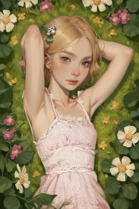 score_9, score_8_up, score_7_up, score_6_up, 1girl, solo, sexy, looking at viewer,<lora:Maja_Grünzeug:0.65> maja grünzeug, blonde hair, short hair, brown eyes, dress, hair ornamen, vanishing point, at zoo, arms behind head
<lora:Korean_drawing_style:0.85>