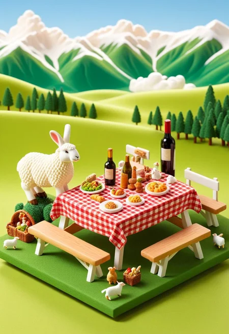 ispzxll, diorama, isometric, miniature, fluffy clouds, big open field, food on table, rabbits, sheep, cow, green grass, snow capped mountains, valley, picnic table, table, trees, wine bottle, checkered tablecloth, picnic