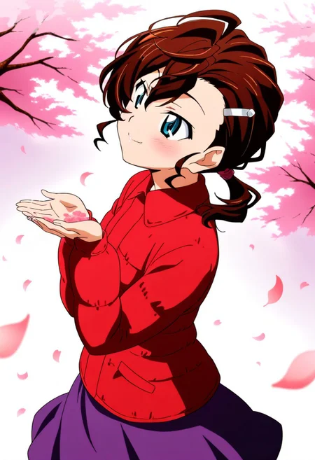 1girl,Inuyama Mana,GeGeGe no Kitarou,year 2019,solo,Exquisite cherry blossom garden in full bloom,cherry blossom petals are falling,looking up,warm smile,cupping hands,blue eyes,(lavenderblush skirt:1.5),1 hair tie,crimson (Down jacket:1.3),(Placket jacket:1.3),(single hair intake:1.5),wavy hair,swept bangs and (hair pulled back:1.2),hair between eyes,(low ponytail),Ahoge,(Brown:1.5) medium hair,sideburns,pantyhose,1 silver hairpin,masterpiece, best quality, very aesthetic, absurdres,perfect