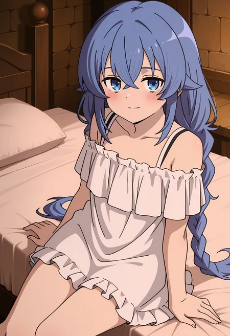 anime screencap, masterpiece, best quality,
<lora:MushokuTensei_RoxyMigurdia_IlluXL:0.9>,
1girl, solo, closed mouth, light smile, blush,
long hair, crossed bangs, twin braids, blue hair, long hair, blue eyes,
RoxyNightgown, off-shoulder dress, frilled dress, spagetti strap, short dress, white dress,
sitting, on bed, looking at viewer,
indoors, bedroom, medieval