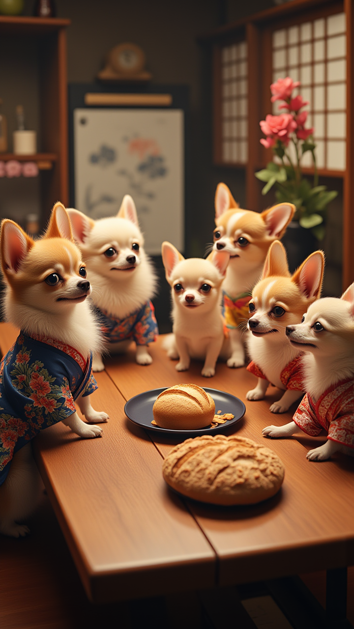 A group of chihuahua, dressed in traditional Japanese clothing, gather around a large wooden table. The room is filled with the scent of fresh flowers and freshly baked bread. aidmaMJ6.1