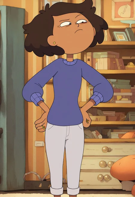 score_9, score_8_up, score_7_up, 1girl, mrs boonchuy, solo, brown hair, short hair, sweater, ring, pants, hands on hip, living room