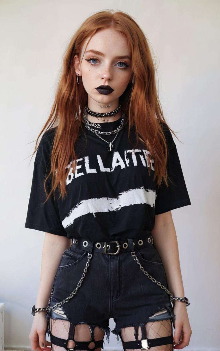 alt girl, (best quality, masterpiece, aesthetic, colorful, dynamic angle, detailed), woman with long ginger hair, black lips and eyeliner, wearing oversize t-shirt, belted shorts with chain, ripped tights, chocker, detailed face, best aesthetic, soft light  <lora:alt_fashion:0.6>