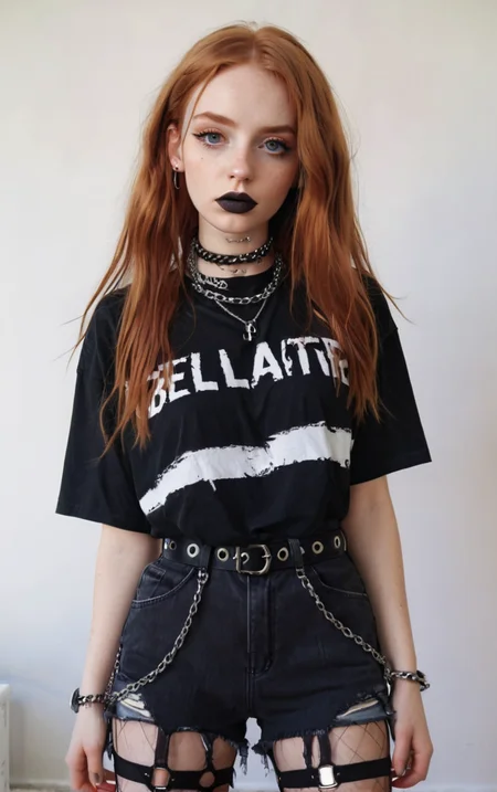 alt girl, (best quality, masterpiece, aesthetic, colorful, dynamic angle, detailed), woman with long ginger hair, black lips and eyeliner, wearing oversize t-shirt, belted shorts with chain, ripped tights, chocker, detailed face, best aesthetic, soft light <lora:alt_fashion:0.6>