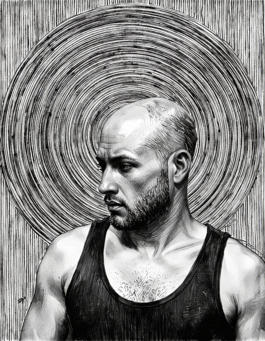 By Craig Hanna. A black and white, semi-realistic portrait of a man with a bald head and a beard, depicted in a realistic style with a focus on texture and shading. the man, who appears to be in his mid-twenties, has a serious expression and is wearing a sleeveless tank top. he is positioned in the middle of the image, facing slightly to the right, with his upper body visible. the background is a textured, striped pattern with a circular pattern that creates a sense of depth and dimension. the image is a close-up, focusing on the man's face and upper body, showcasing his facial features and the texture of his clothing. the artist's signature is visible in the bottom right corner, adding a touch of professionalism to the overall composition.