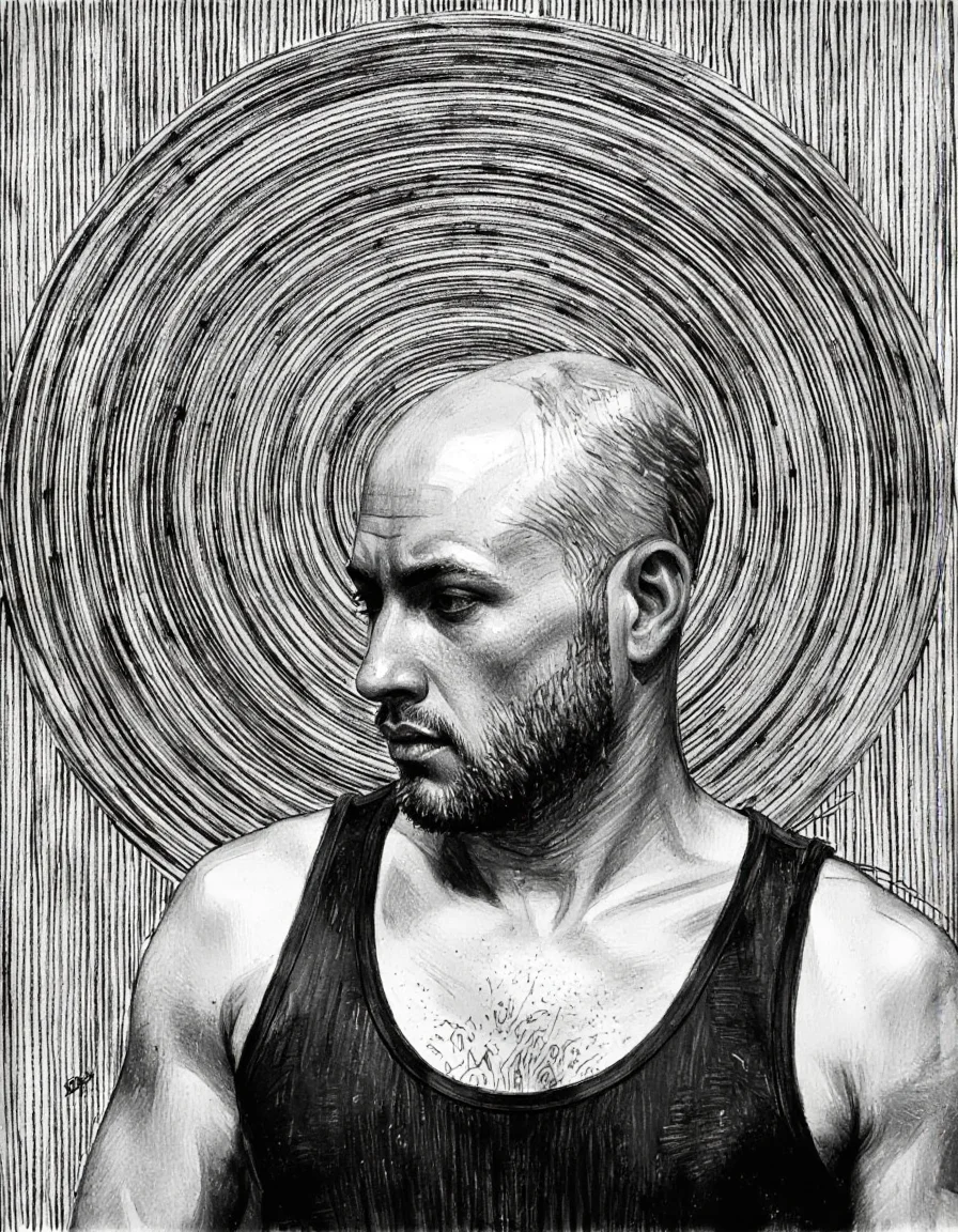 By Craig Hanna. A black and white, semi-realistic portrait of a man with a bald head and a beard, depicted in a realistic style with a focus on texture and shading. the man, who appears to be in his mid-twenties, has a serious expression and is wearing a sleeveless tank top. he is positioned in the middle of the image, facing slightly to the right, with his upper body visible. the background is a textured, striped pattern with a circular pattern that creates a sense of depth and dimension. the image is a close-up, focusing on the man's face and upper body, showcasing his facial features and the texture of his clothing. the artist's signature is visible in the bottom right corner, adding a touch of professionalism to the overall composition.