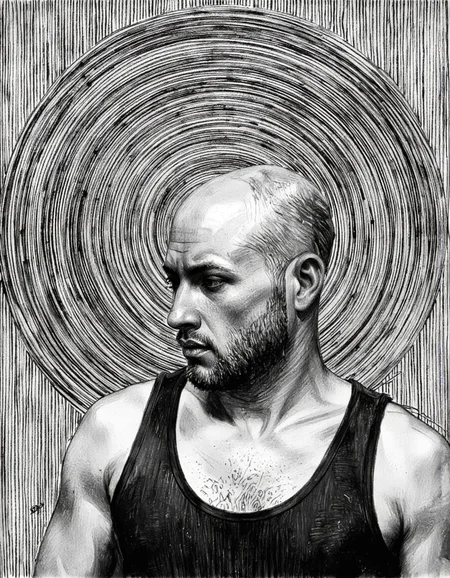 By Craig Hanna. A black and white, semi-realistic portrait of a man with a bald head and a beard, depicted in a realistic style with a focus on texture and shading. the man, who appears to be in his mid-twenties, has a serious expression and is wearing a sleeveless tank top. he is positioned in the middle of the image, facing slightly to the right, with his upper body visible. the background is a textured, striped pattern with a circular pattern that creates a sense of depth and dimension. the image is a close-up, focusing on the man's face and upper body, showcasing his facial features and the texture of his clothing. the artist's signature is visible in the bottom right corner, adding a touch of professionalism to the overall composition.