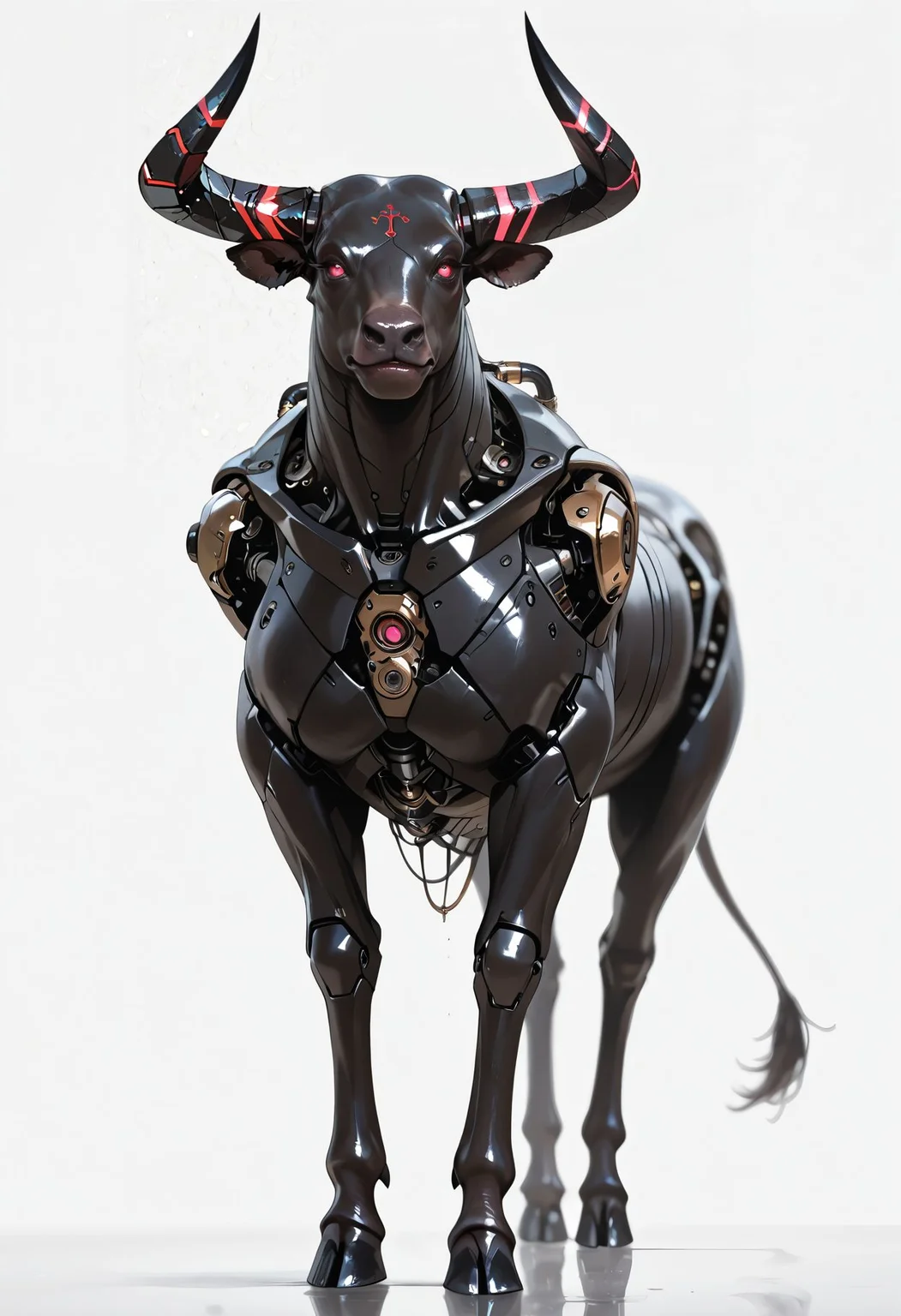 masterpiece, best quality, very aesthetic, absurdres, newest, depth of field,realistic, goth girl <lora:gothic_niji_style_ilxl_goofy:0.8>
bull, glowing horns, hooves, horns, no humans, simple background, white background ,cyborg, mechanical parts, metal, robotics