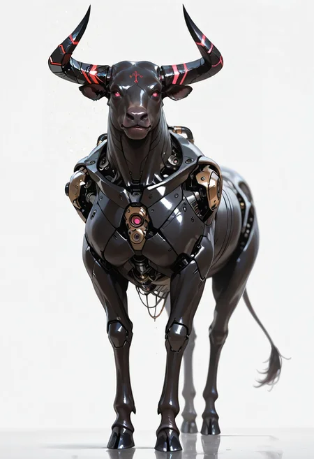 masterpiece, best quality, very aesthetic, absurdres, newest, depth of field,realistic, goth girl <lora:gothic_niji_style_ilxl_goofy:0.8>
bull, glowing horns, hooves, horns, no humans, simple background, white background ,cyborg, mechanical parts, metal, robotics