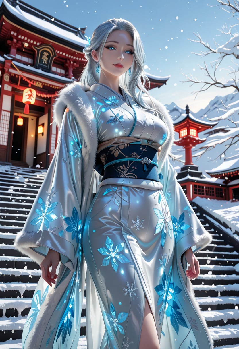 masterpiece, best quality, Sole female, mature beauty, icy blue eyes, blue eyes, perfecteyes, long hair, snow-silver hair, snow, stairs, luscious soft lips, pale skin, standing, ice themed glowing kimono, fur trimmed Kimono, sky, snowfall, temple, looking at viewer, upper body, from below, looking forward, soft smile