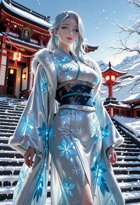 masterpiece, best quality, Sole female, mature beauty, icy blue eyes, blue eyes, perfecteyes, long hair, snow-silver hair, snow, stairs, luscious soft lips, pale skin, standing, ice themed glowing kimono, fur trimmed Kimono, sky, snowfall, temple, looking at viewer, upper body, from below, looking forward, soft smile