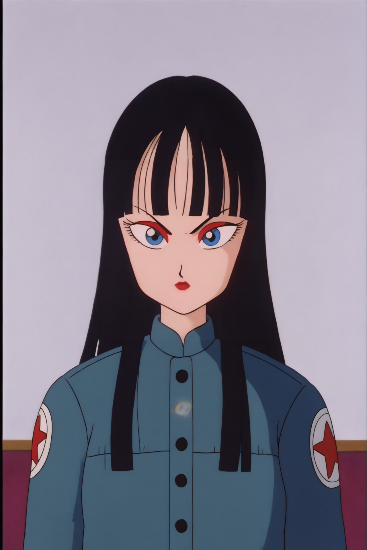 source_anime, score_9, score_8_up, score_7_up, anime screencap,8k, absurd res,
mai \(dragon ball\), solo, long hair, looking at viewer, bangs, blue eyes, black hair, blunt bangs, blurry background, makeup, arm by side, lipstick, red lips, upper body, symbol, star symbol, v-shaped eyebrows, retro artstyle, military uniform, military, print sleeves, serious, blue coat, 1980s \(style\), anime coloring
 <lora:maiDB_pony_v1:0.8>
