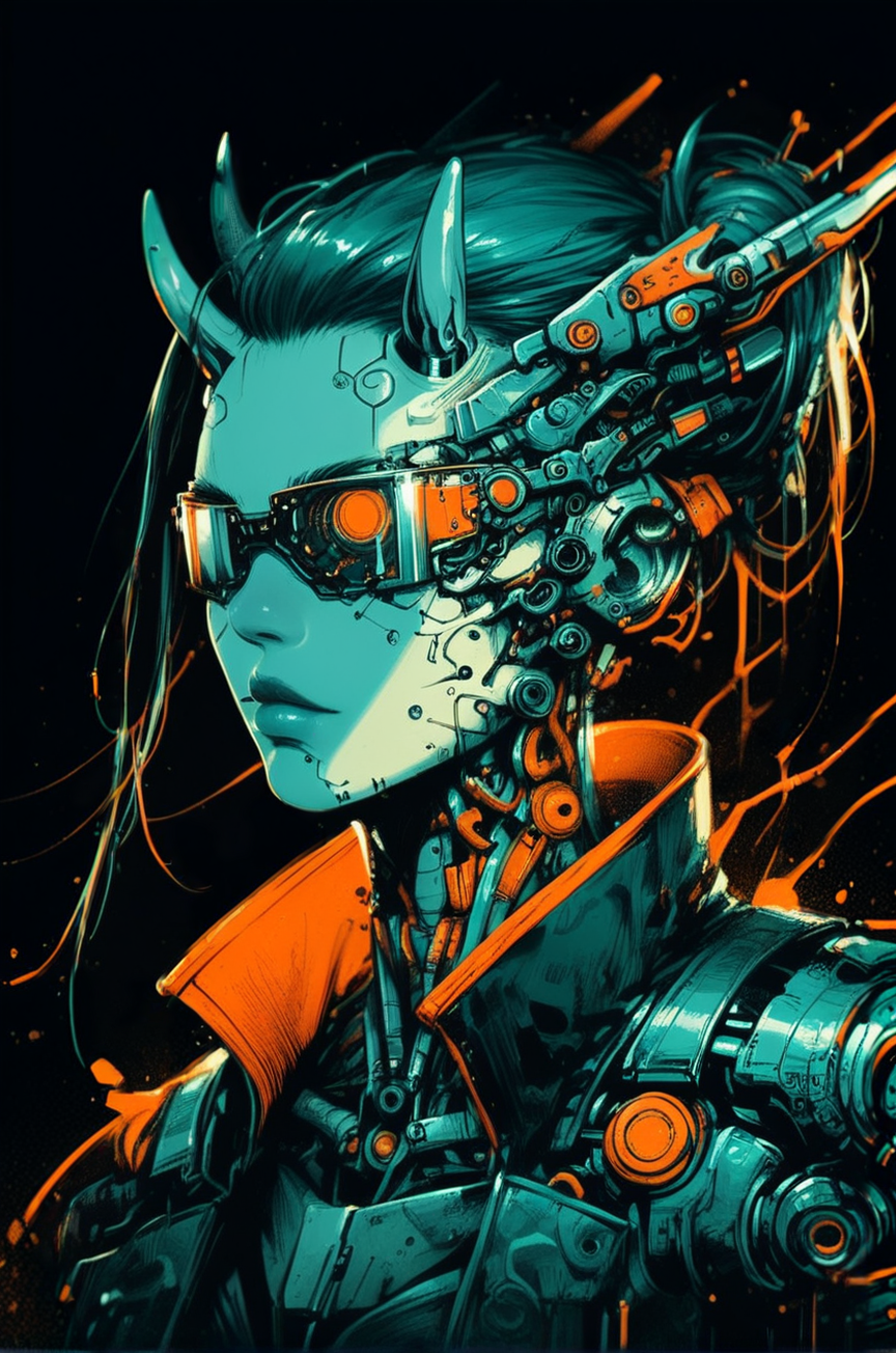 biomechanical style <lora:Neon_Splash_Art_for_Pony:1> one girl, haughty expression, raised chin, bob, horns, selective gold color, cyberpunk, looking at viewer, heavy tones, detail, dark background, dramatic, front view <lora:alexchow:0.9> <lora:OverallDetail:1> <lora:Sinozick_Style_XL_Pony:0.5> <lora:Desolation:0.3>, score_9, score_8_up, score_7_up . blend of organic and mechanical elements, futuristic, cybernetic, detailed, intricate