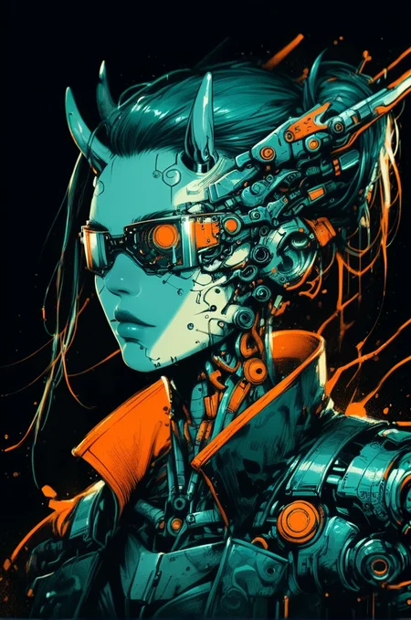 biomechanical style <lora:Neon_Splash_Art_for_Pony:1> one girl, haughty expression, raised chin, bob, horns, selective gold color, cyberpunk, looking at viewer, heavy tones, detail, dark background, dramatic, front view <lora:alexchow:0.9> <lora:OverallDetail:1> <lora:Sinozick_Style_XL_Pony:0.5> <lora:Desolation:0.3>, score_9, score_8_up, score_7_up . blend of organic and mechanical elements, futuristic, cybernetic, detailed, intricate