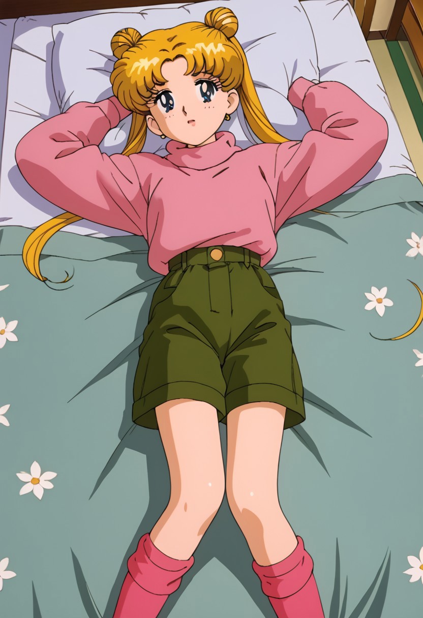 90s style, retro art style, Tsukino Usagi, alone, 1 girl, serious, blue eyes, long hair, parted bangs, blonde hair, double bun, two pigtails, medium chest, (pink sweater, round neck, long sleeves, shorts, olive green shorts, knee high socks, pink socks), full body, lying down, on bed, hands on neck, indoors, bedroom, bed