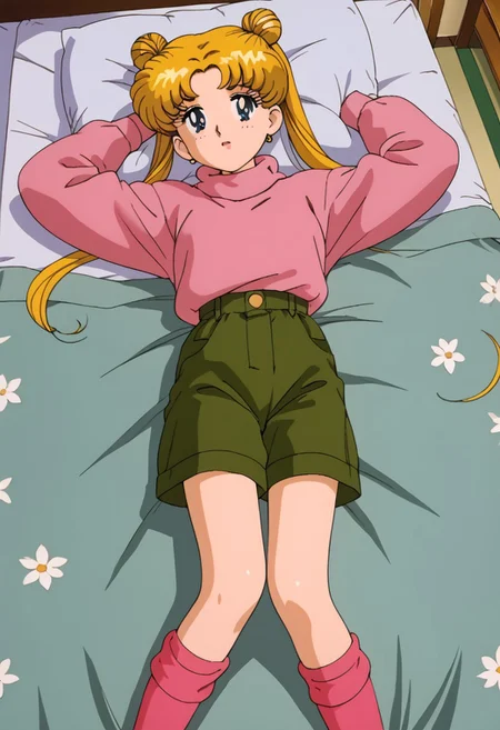 90s style, retro art style, Tsukino Usagi, alone, 1 girl, serious, blue eyes, long hair, parted bangs, blonde hair, double bun, two pigtails, medium chest, (pink sweater, round neck, long sleeves, shorts, olive green shorts, knee high socks, pink socks), full body, lying down, on bed, hands on neck, indoors, bedroom, bed