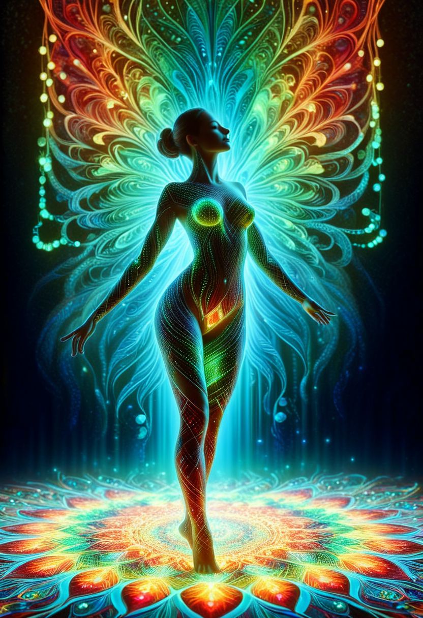 high quality, 8K Ultra HD, Imagine a vibrant canvas illuminated by a cascade of bioluminescent jewels, forming the silhouette of a captivating woman, The dynamic lines and patterns, reminiscent of a digital dance, weave together to create a harmonious fusion of technology and art, The jewels, in hues ranging from electric blues to radiant reds and vivid greens, breathes life into the woman's form, Her silhouette emerges as a Bioluminescent of the digital and the organic, a testament to the seamless integration of technology and beauty in your masterful creation, by yukisakura, high detailed,
