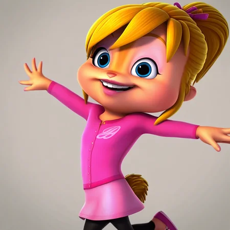 brittany miller, happy, smile, 1girl, solo, chipmunk, blonde hair, blue eyes, ponytail, makeup, pink shirt, skirt, leggings