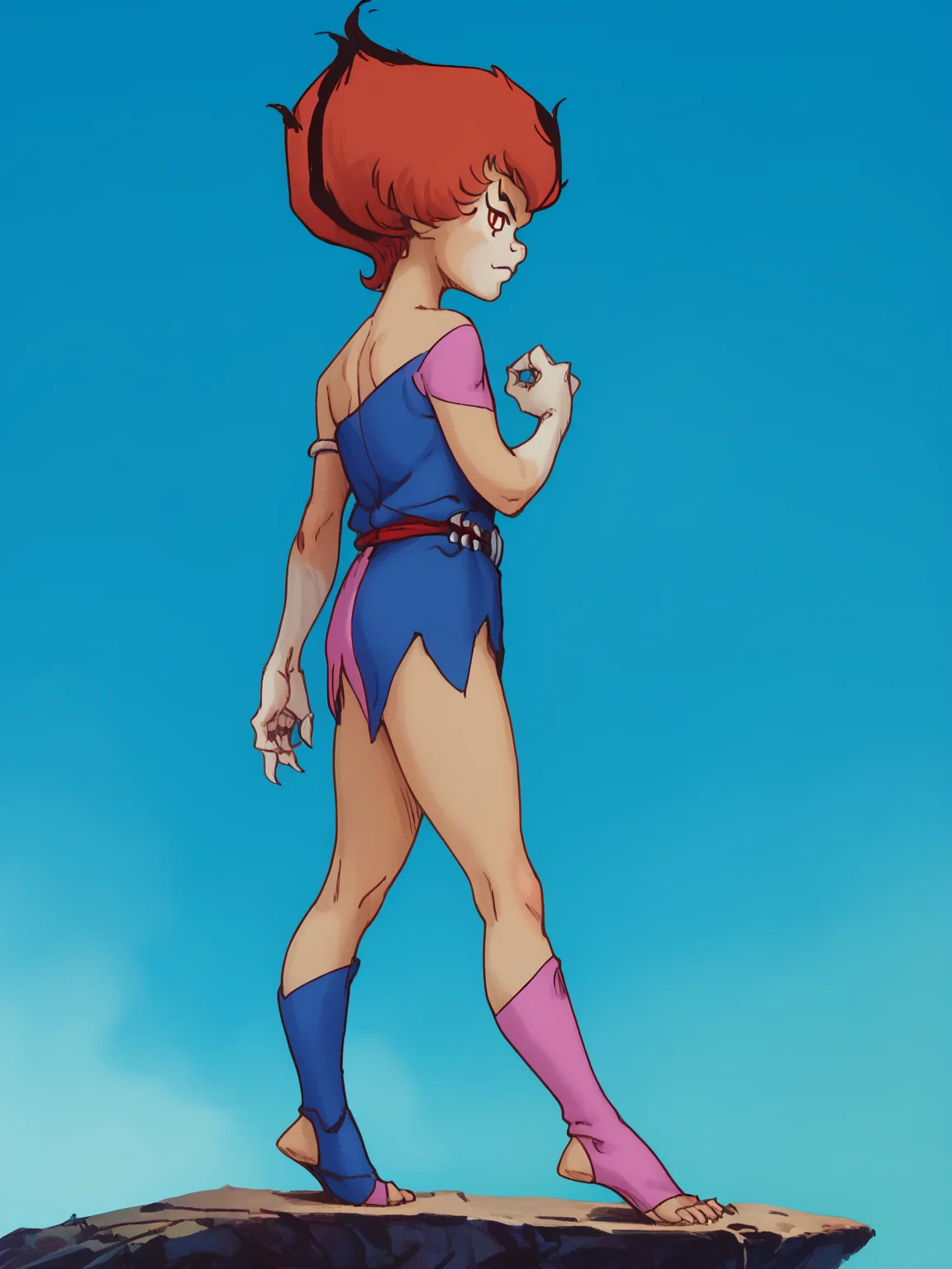 score_9, score_8_up, score_7_up, <lora:10_wilykit_pdxl_16:1> 1girl, solo, w1lyk1t, black striped red hair, red eyes, slit pupils, w1lyk1t tunic, bare shoulder, hips,w1lyk1t open toe footwear, back, side view
