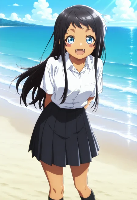 masterpiece, best quality,  absurdres, highres, cinematic light, 1girl, solo, <lora:hina_kyan:1> kyan_wz, long hair, black hair, blue eyes, blush stickers, dark skin, dark-skinned female,  white shirt, collared shirt, short sleeves, black skit, pleated skirt, black socks, standing, looking at viewer, :d, fang, arms behind back, cowboy shot, beach, sand, ocean, day, sidelighting, <lora:anime_screencap-Illustrious_1064755:1> anime screencap, anime coloring