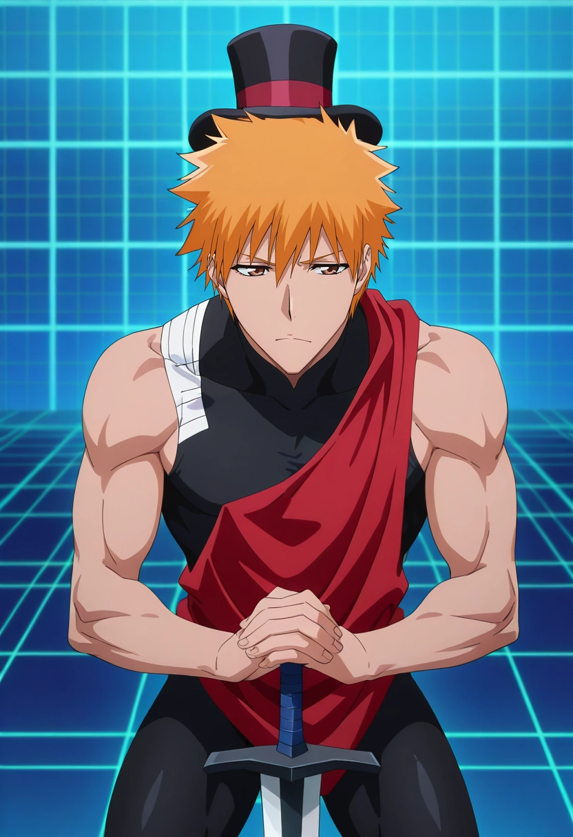 masterpiece, best quality, , anime screencap, , , , , 1boy, solo, male focus, <lora:ichigo_kurosaki_ilxl:0.98>, ichigo_kurosaki, 1boy, orange hair, brown eyes, short hair, spiked hair, hair between eyes, , sword, cyber garden, holo-plants, data streams, virtual paths, tending pose, peaceful expression, grid lighting, Brocade Athletic leggings, Muscle tank, , Top hat, Poncho and