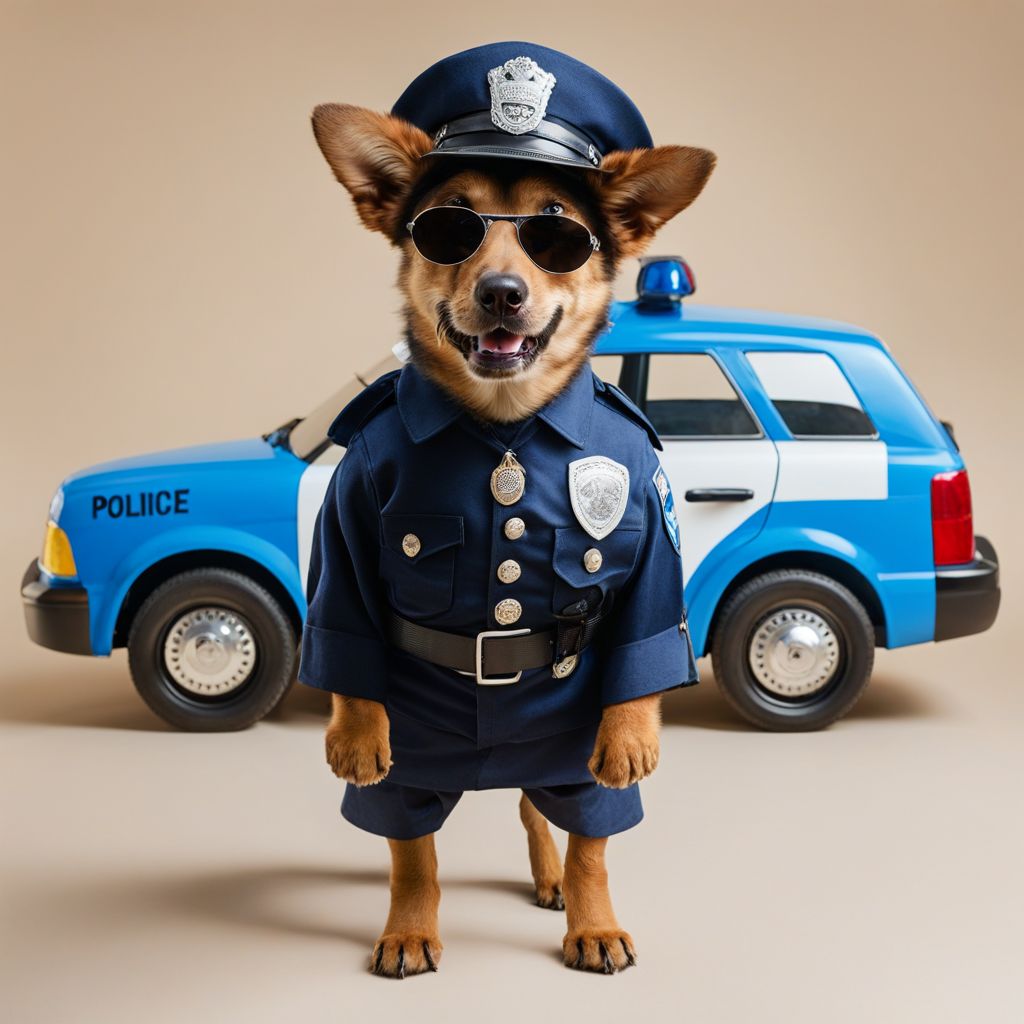 A HuWoof dressed as a policeman with a police car in the background <lora:SDXL_HuWoof_LoRA:1>