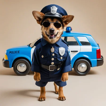 A HuWoof dressed as a policeman with a police car in the background <lora:SDXL_HuWoof_LoRA:1>