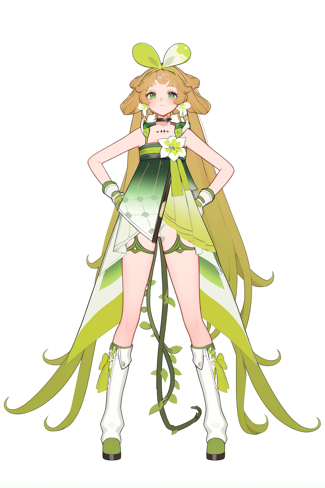 8k, best quality, masterpiece, (ultra-detailed), (high detailed skin), (by nanoless, by misumi \(macaroni\):0.25), 
full body, full shot, standing, looking at viewer, (solo:1.2), simple background, white background, hand on own hip, 
<lora:vlinai-a3-Tanger:0.8>, vlinai, default clothes, Green vine tail, 1girl, long hair, green eyes, gloves, fingerless gloves, very long hair, multicolored hair, choker, Black chest tattoo, 
A full-body portrait of a young girl, standing gracefully, pastel art style, high-key lighting, shoujo manga influence, hd quality, delicate details,