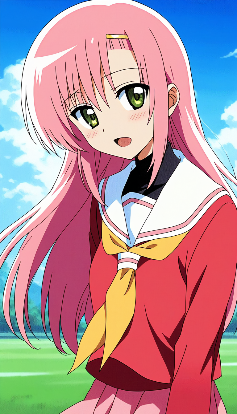 score_9, score_8_up, score_7_up, source_anime, rating_explicit, BREAK  <lora:Katsura_Hinagiku_XL:1>Katsura_Hinagiku, pink hair, long hair, Yellow green eyes, hairclip, small breasts, school uniform, red serafuku, pink skirt,
 blush,  looking at viewer, upper body, open mouth, :o, neckerchief, white sailor collar, sailor collar,
blue sky, outdoor, day, grass,
2010s \(style\), anime, anime_screencap, animated gif, mp4 ,video, animated,