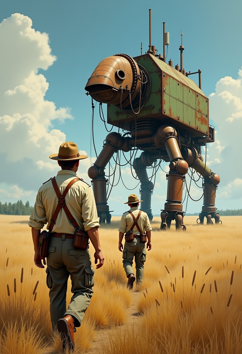 Detailed, masterpiece, professional, oil painting style, rear view of  young men wearing old traditional scout clothes with shirt and hat,walking in a wheat fields, during summer, at a distance stands an old rusty broken giant mechanical industrial steampunk quadrupedal machine, wires hanging and green paint, bulky body, dystopian society  during the cold war, inspired by Jakub Rozalski