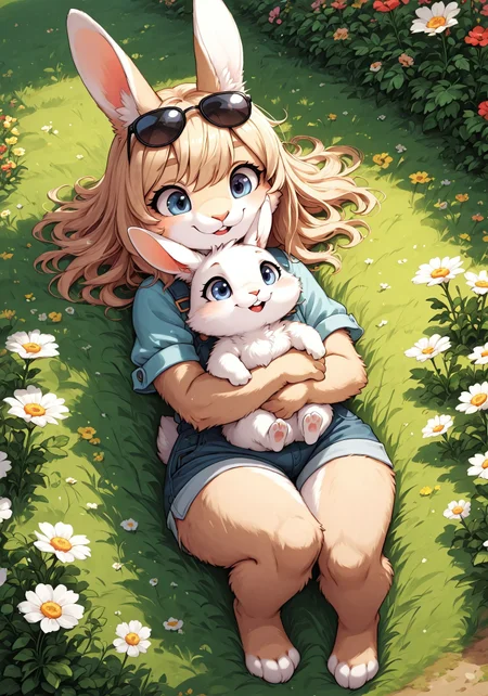 masterpiece, source_furry, (best quality:1.1), ultra-detailed, high resolution, highly detailed macro illustration, (duo, Mamma Rabbit and Her Baby) BREAK 1girl, anthro rabbit, female, fluffy fur, (Shortstack), paws, (beautiful blue eyes:1.3), rabbit tail, (happy expression, cute face:1.4), buck teeth, dungarees, short shorts BREAK from above, chibi BREAK (hugging a small rabbit:1.3) BREAK outside, lying on the grass, garden, carrot fields, a cottage in the distance, colorful flowers, happy atmosphere BREAK sharp focus, perfect lighting, anatomically correct, extremely detailed, high detail, detailed background