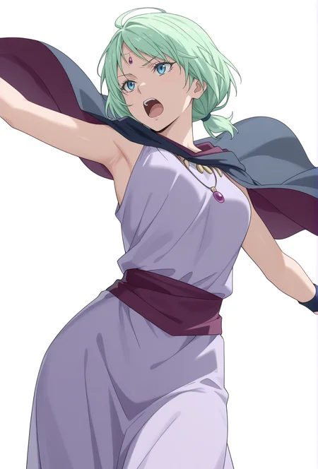 Smooth Quality,masterpiece,very intricate, high quality details, ultra realistic, high detailed skin,detailed enviorement,absurdres,
simple background, white background,solo,
from below,dancing, 
screaming,
 <lora:Mjurran_cnn:0.7> mjurrancnn,1girl, short hair, green hair, blue eyes, frown,necklace, forehead jewel,low ponytail, dress, cape, wristband,