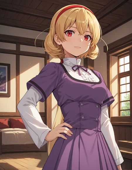 score_9, score_8_up, source_anime, 1girl, upper body, medium shot, detailed, mgrcnanaseyukika, blonde hair, low ponytail, red eyes, red hairband, white shirt, high collar, purple neck ribbon, purple dress, white sleeves, short over long sleeves, purple pleated skirt, hand on hip, indoors, <lora:mgrcnanaseyukika_XL:1>