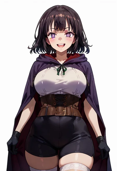 score_9. score_8_up. score_7_up. score_6_up. score_5_up. score_4_up, source_anime, 1girl, solo, calm, smile, smirk, seductive, squinted eyes, blushing, open mouth, 1girl, very_massive breasts, wide hips, thin waist, thick thighs, morgan_(female)_(fire_emblem), black hair, medium hair, bangs, purple eyes, purple robe, black robe, hooded robe, open robe, brown corset, white shirt, black shorts, black gloves, ((brown belt)), white stockings, cowboy shot, white background, <lora:ebora-Style-PonyXL-GLoRA-000049:1>, there is a lack of fire