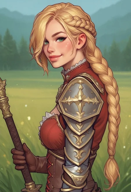1girl, (((side view))), illustration, looking at viewer, highly detailed, from front,1girl, looking at viewer, highly detailed, skinny, looking at viewer, 1girl, masterpiece, best quality, full body portrait, 1girl, <lora:agrias-nvwls-v3:1> agrias, armor, corset, dark red dress, brown gloves, weapon, cross-laced boots, looking at viewer, sidelocks, braided ponytail, light green eyes, Romance, sci-fi, artificial intelligence, highly detailed
BREAK
slight smile, looking at viewer,
BREAK
long hair, blonde hair, hair over one eye, big hair,
BREAK
best quality, depth of field, bokeh, (((full clothed))) (best quality, high detail), ((masterpiece)), <lora:1_ino_20e:1>
BREAK
((((((field, mill)))))) score_9, score_8_up, score_7_up, score_6_up, source_cartoon, rating_explicit, Expressiveh, (((((upper body))))), dynamic pose