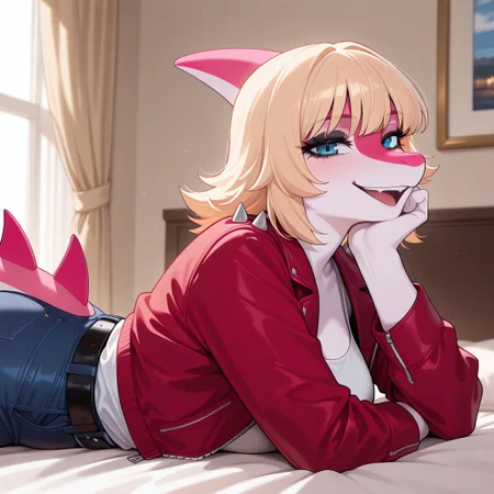 1girl, highres, absurdres, newest, masterpiece, best quality, furry, furry_female, Mia_iwhtg, parasaurolophus girl, white skin, pink head crest, two-tone face, black eyeliner, blonde hair, short hair, pink snout, snout, tail, pink tail spikes, pink tail, two-tone tail, blue eyes, anthro, 1girl, red jacket, white tank top, black belt, ripped blue jeans, detailed eyes, (hand on chin, on_stomach:1.1), open_mouth, open mouth smile, luxurious detailed room, bright room, day scene, professional lighting, white bed, solo, bedroom, smiling, seductive, looking_at_viewer, masterpiece, close up, safe
