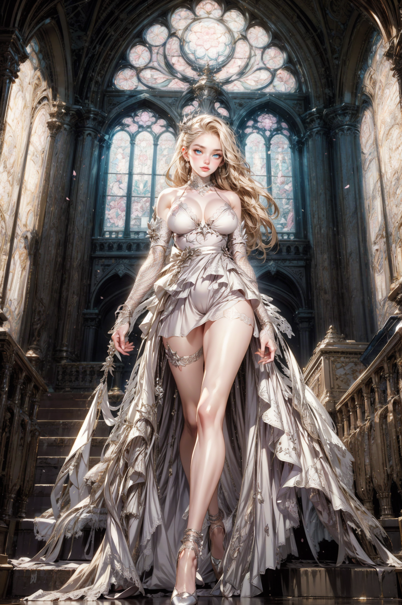 LAinnopromise, stunning woman wearing LAinnopromise dress, white dress, high lace band, <lora:LAinnopromise:1>, (blonde hair),(hair blown by wind, flowing long hair:1.4), (blonde hair:1.2), hair blown by wind, (large breast), wedding veil, dynamic posing, walking, mid-step, wedding, walking down the aisle, in a church, (blush), BREAK, (masterpiece:1.2, best quality), (photorealistic:1.2, intricate details), looking at viewer, large stain glass windows, (shiny, jewels), falling petals,