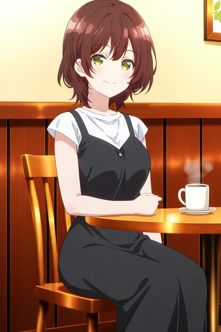 anime screenshot, hinami aoi, 1girl, solo, brown hair, short hair, green eyes, medium breasts, black dress, sleeveless dress, long dress, white shirt, t-shirt, short sleeves, coffee mug, looking at viewer, smile, sitting, cowboy shot, indoors, cafe, chair, table, masterpiece, best quality, high quality, highres, absurdres, <lora:hinami_aoi_ILXL:0.9>