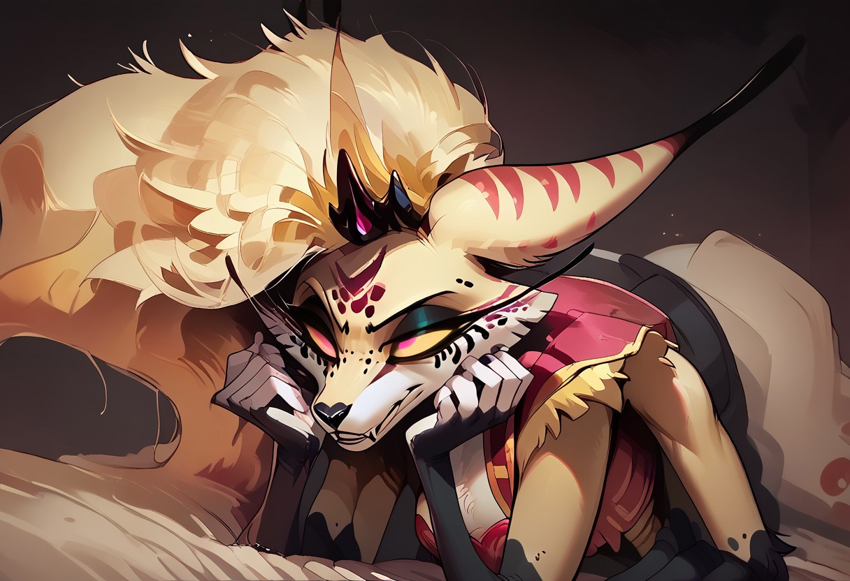 female focus, solo focus, solo, score_9, score_8_up, score_7_up, 1girl, QueenBee4ArmsV1.5, QueenBee4ArmsV1.5Mastermindoutfit, extra limbs, 4arms, four arms, 4 arms, 4armed girl, furry, furry female, long hair, facial mark, colored sclera, very long hair, animal ears, blonde hair,