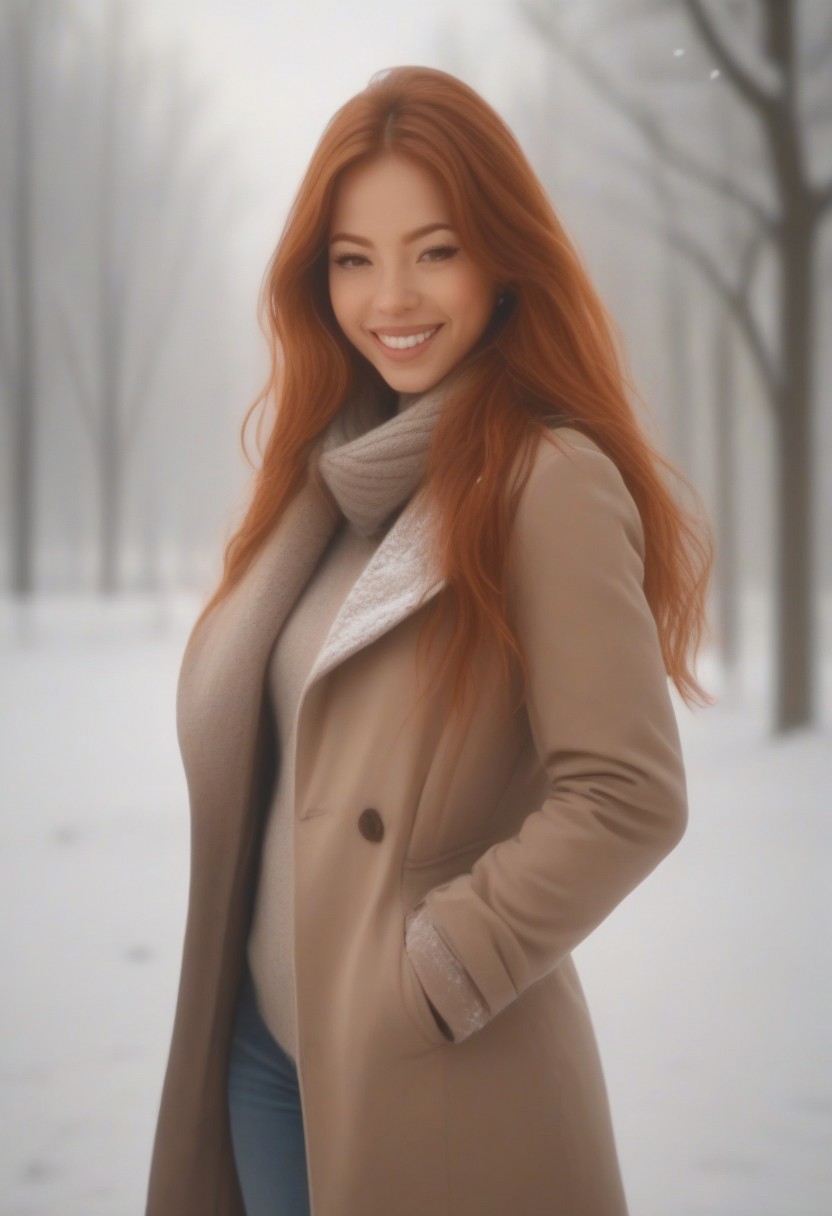 em5588, best illustration, illustration, masterpiece, best quality, ultra-detailed, photo of beautiful woman, (masterpiece) (best quality) (detailed) (8k) (HDR) (wallpaper) (cinematic lighting) (sharp focus) (intricate)
1girl, seductive, red hair. coat, smile;
Winter, snow, in the park,